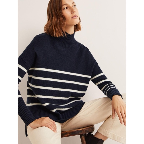 Boden Jessica Navy Blue Oversized High Neck Knit Jumper Sweater Stripe Mock Neck - Picture 2 of 12